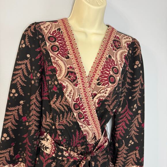 One September Jumpsuit  Wide Leg Wrap Bodice Embroidered Black Burgundy Boho XS - Picture 6 of 14